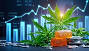 Conceptual illustration of a financial portfolio featuring CBD plants, a stack of THC gummies, and financial graphs, symbolizing diversification and potential growth.