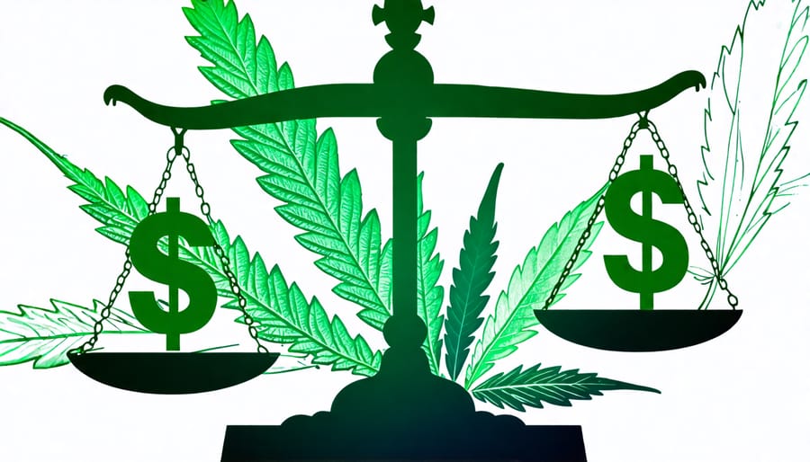 Scale balancing cannabis leaves against dollar signs representing ethics and profits