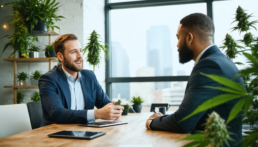 Cannabis business owner discussing financial options with banking professional