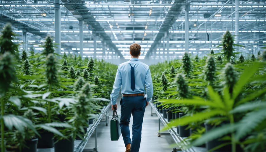 Investor conducting due diligence at professional cannabis growing facility